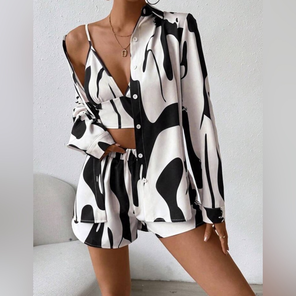 Shein black & Off white 3 piece short set Cami XS, Top & Shorts Med. Never worn.